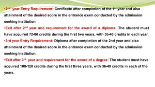 •2nd year Entry Requirement: Certificate after completion of the 1st year and also
attainment of the desired score in the entrance exam conducted by the admission
seeking institution
•Exit after 2nd year and requirement for the award of a diploma: The student must
have acquired 72-80 credits during the first two years, with 36-40 credits in each year.
•3rd year Entry Requirement: Diploma after completion of the 2nd year and also
attainment of the desired score in the entrance exam conducted by the admission
seeking institution
•Exit after 3rd year and requirement for the award of a degree: The student must have
acquired 108-120 credits during the first three years, with 36-40 credits in each of the
years.
 