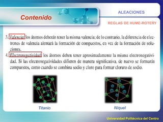 ALEACIONES

Contenido
REGLAS DE HUME-ROTERY

Titanio

Níquel
Universidad Politécnica del Centro

 