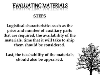 STEPS
Logistical characteristics such as the
price and number of auxiliary parts
that are required, the availability of the
materials, time that it will take to ship
them should be considered.
Last, the teachability of the materials
should also be appraised.
EVALUATING MATERIALS
 