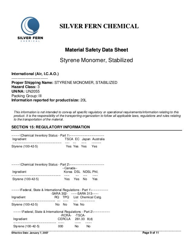 Material safety data sheet of styrene monomer