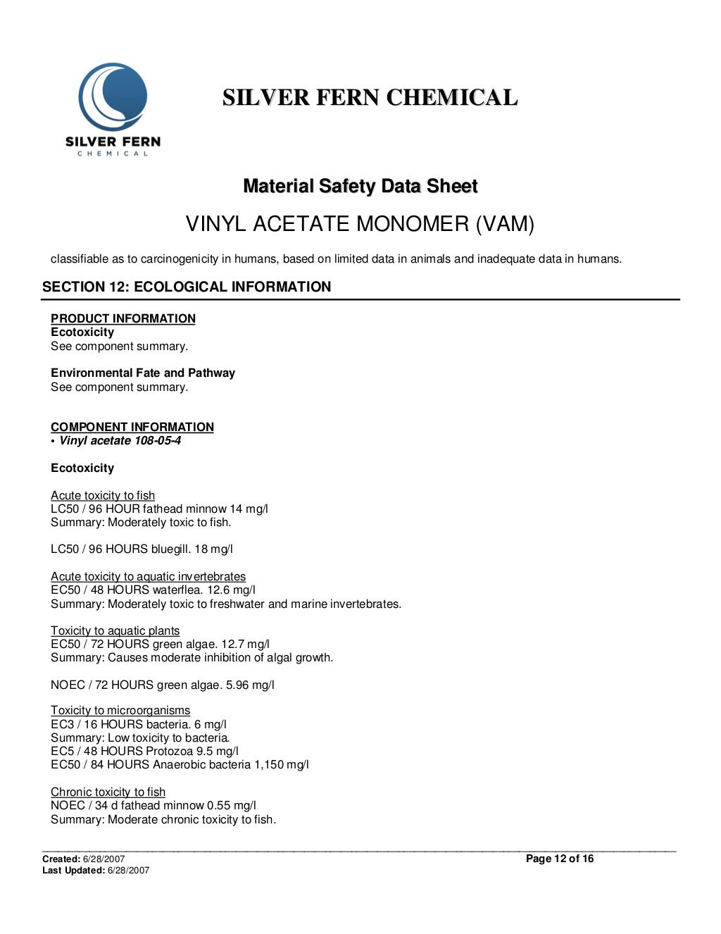 Material safety data sheet of vinyl acetate monomer