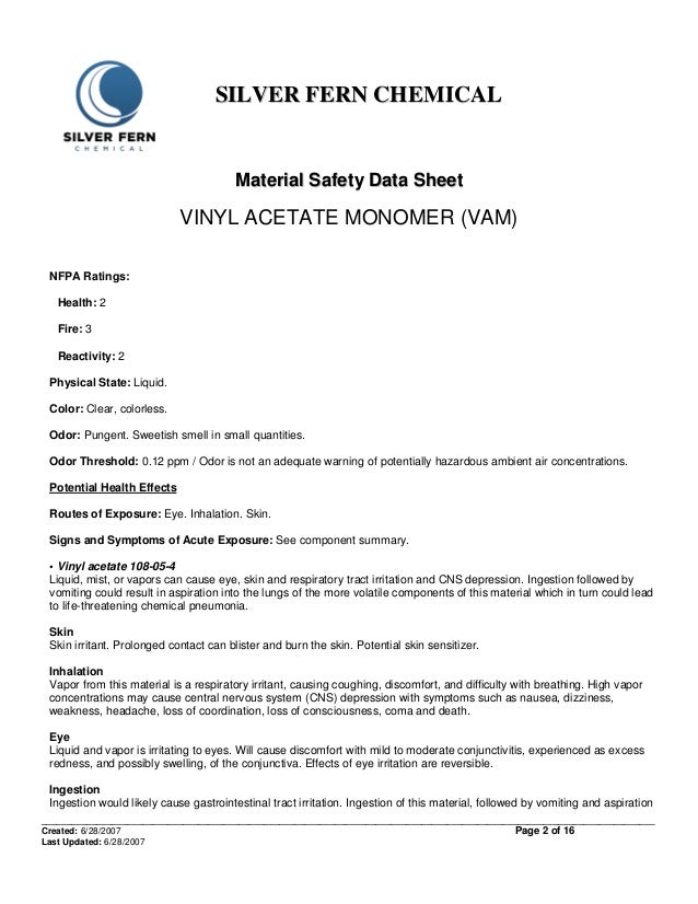Material Safety Data Sheet Of Vinyl Acetate Monomer