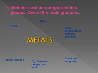 Materials can be categorised into groups.  One of the main groups is...ShinyStrongGood conductors of heat and electricityMETALSSome are magneticUsually opaqueE,g aluminium, copper, iron, lead...