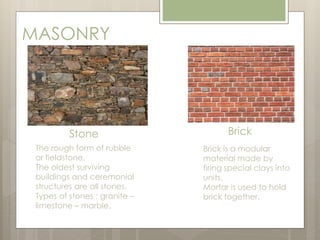 MASONRY 
Stone Brick 
The rough form of rubble 
or fieldstone. 
The oldest surviving 
buildings and ceremonial 
structures are all stones. 
Types of stones : granite – 
limestone – marble. 
Brick is a modular 
material made by 
firing special clays into 
units. 
Mortar is used to hold 
brick together. 
 