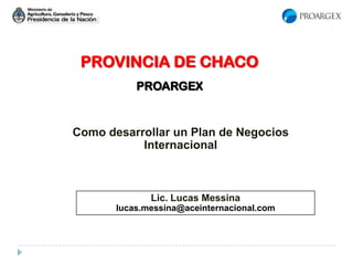 PROVINCIA DE CHACO
PROARGEX
Como desarrollar un Plan de Negocios
Internacional
Lic. Lucas Messina
lucas.messina@aceinternacional.com
 