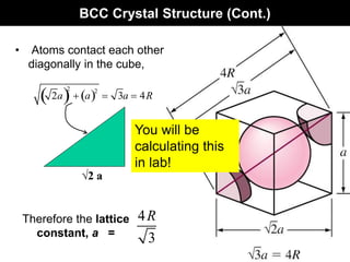 BCC Crystal Structure (Cont.)
• Atoms contact each other
diagonally in the cube,
a
√2 a
2a
 
2
 a
 2
 3a  4R
4R
3
Therefore the lattice
constant, a =
You will be
calculating this
in lab!
 