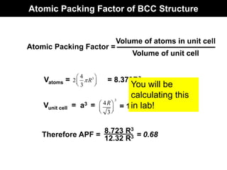 Atomic Packing Factor of BCC Structure
Atomic Packing Factor =
Volume of atoms in unit cell
Volume of unit cell
Vatoms = = 8.373R3
4R
3






3
= 12.32 R3
Therefore APF =
8.723 R3
12.32 R3 = 0.68
Vunit cell = a3 =
2
4
3
R3






You will be
calculating this
in lab!
 