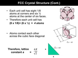 FCC Crystal Structure (Cont.)
• Each unit cell has eight 1/8
atoms at corners and six ½
atoms at the center of six faces.
• Therefore each unit cell has
(8 x 1/8)+ (6 x ½) = 4 atoms
• Atoms contact each other
across the cubic face diagonal
4R
2
Therefore, lattice
constant a =
a
a
2a  4R
 