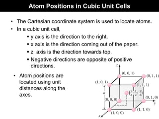 Atom Positions in Cubic Unit Cells
• Atom positions are
located using unit
distances along the
axes.
• The Cartesian coordinate system is used to locate atoms.
• In a cubic unit cell,
 y axis is the direction to the right.
 x axis is the direction coming out of the paper.
 z axis is the direction towards top.
 Negative directions are opposite of positive
directions.
 
