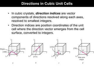 Directions in Cubic Unit Cells
• In cubic crystals, direction indices are vector
components of directions resolved along each axes,
resolved to smallest integers.
• Direction indices are position coordinates of the unit
cell where the direction vector emerges from the cell
surface, converted to integers.
 