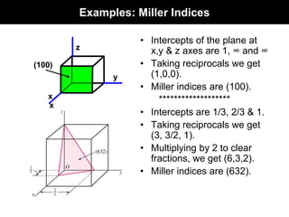 Examples: Miller Indices
• Intercepts of the plane at
x,y & z axes are 1, ∞ and ∞
• Taking reciprocals we get
(1,0,0).
• Miller indices are (100).
*******************
• Intercepts are 1/3, 2/3 & 1.
• Taking reciprocals we get
(3, 3/2, 1).
• Multiplying by 2 to clear
fractions, we get (6,3,2).
• Miller indices are (632).
x
x
y
z
(100)
 