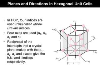 Planes and Directions in Hexagonal Unit Cells
• In HCP, four indices are
used (hkil) called Miller-
Bravais indices.
• Four axes are used (a1, a2,
a3 and c).
• Reciprocal of the
intercepts that a crystal
plane makes with the a1,
a2, a3 and c axes give the
h,k,i and l indices
respectively.
 