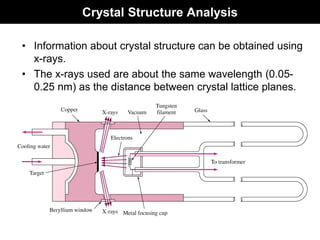 Crystal Structure Analysis
• Information about crystal structure can be obtained using
x-rays.
• The x-rays used are about the same wavelength (0.05-
0.25 nm) as the distance between crystal lattice planes.
 