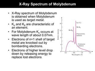 X-Ray Spectrum of Molybdenum
• X-Ray spectrum of Molybdenum
is obtained when Molybdenum
is used as target metal.
• Kα and Kβ are characteristic of
an element.
• For Molybdenum Kα occurs at
wave length of about 0.07nm.
• Electrons of n=1 shell of target
metal are knocked out by
bombarding electrons.
• Electrons of higher level drop
down by releasing energy to
replace lost electrons
 