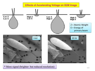 Z = Atomic Weight
E = Energy of
primary beam
20 kV3 kV
* More signal (brighter but reduced resolution) 113
 