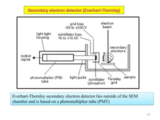 Everhart-Thornley secondary electron detector lies outside of the SEM
chamber and is based on a photomultiplier tube (PMT)
119
 