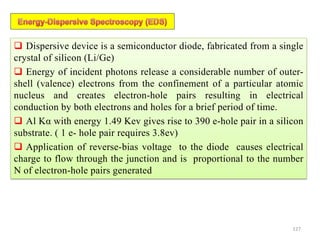  Dispersive device is a semiconductor diode, fabricated from a single
crystal of silicon (Li/Ge)
 Energy of incident photons release a considerable number of outer-
shell (valence) electrons from the confinement of a particular atomic
nucleus and creates electron-hole pairs resulting in electrical
conduction by both electrons and holes for a brief period of time.
 Al Kα with energy 1.49 Kev gives rise to 390 e-hole pair in a silicon
substrate. ( 1 e- hole pair requires 3.8ev)
 Application of reverse-bias voltage to the diode causes electrical
charge to flow through the junction and is proportional to the number
N of electron-hole pairs generated
127
 
