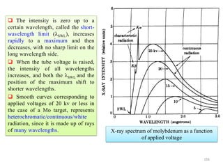 156
X-ray spectrum of molybdenum as a function
of applied voltage
 The intensity is zero up to a
certain wavelength, called the short-
wavelength limit (λSWL), increases
rapidly to a maximum and then
decreases, with no sharp limit on the
long wavelength side.
 When the tube voltage is raised,
the intensity of all wavelengths
increases, and both the λSWL and the
position of the maximum shift to
shorter wavelengths.
 Smooth curves corresponding to
applied voltages of 20 kv or less in
the case of a Mo target, represents
heterochromatic/continuous/white
radiation, since it is made up of rays
of many wavelengths.
 