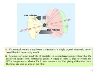 179
 If a monochromatic x-ray beam is directed at a single crystal, then only one or
two diffracted beams may result.
 A sample of some hundreds of crystals (i.e. a powdered sample) show that the
diffracted beams form continuous cones. A circle of film is used to record the
diffraction pattern as shown. Each cone intersects the film giving diffraction lines.
The lines are seen as arcs on the film.
 