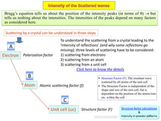 Electron
Atom
Unit cell (uc)
Scattering by a crystal can be understood in three steps
A
B
C
Polarization factor
Atomic scattering factor (f)
Structure factor (F)
To understand the scattering from a crystal leading to the
‘intensity of reflections’ (and why some reflections go
missing), three levels of scattering have to be considered:
1) scattering from electrons
2) scattering from an atom
3) scattering from a unit cell
Click here to know the details
Structure factor calculations
&
Intensity in powder patterns
 Structure Factor (F): The resultant wave
scattered by all atoms of the unit cell
 The Structure Factor is independent of the
shape and size of the unit cell; but is
dependent on the position of the atoms/ions
etc. within the cell
Click here to know more about
Bragg’s equation tells us about the position of the intensity peaks (in terms of )  but
tells us nothing about the intensities. The intensities of the peaks depend on many factors
as considered here.
181
 