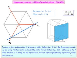 (h k i l)
i = (h + k)
a1
a2
a3
Intercepts → 1 1 - ½ 
Plane → (1 12 0)
In general three indices point is denoted as miller indices i.e., (h k l). But hexagonal crystals
we are using 4 indices point is denoted by miller-bravais indices i.e., (h k i l)The use of the 4
index notation is to bring out the equivalence between crystallographically equivalent planes
and directions.
Hexagonal crystals → Miller-Bravais Indices : PLANES
125
 