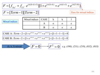 ]1][[ )()()()( hlilkikhilkhi
ClNa
eeeeffF 
 

Zero for mixed indices
Mixed indices CASE h k l
A o o e
B o e e
]2][1[  TermTermF
0]1111[]1[2:ACASE )()()(
 oioiei
eeeTerm 
0]1111[]1[2:BCASE )()()(
 oieioi
eeeTerm 
0F 02
F(h, k, l) mixed e.g. (100), (211); (210), (032), (033)
Mixed indices
200
 