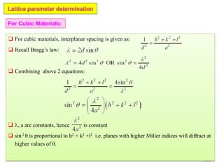 211
 For cubic materials, interplanar spacing is given as:
 Recall Bragg’s law:
 Combining above 2 equations:
 , a are constants, hence is constant
 sin 2 θ is proportional to h2 + k2 +l2 i.e. planes with higher Miller indices will diffract at
higher values of θ.
For Cubic Materials:
 
