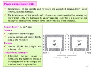  Temperatures of the sample and reference are controlled independently using
separate, identical furnaces.
 The temperatures of the sample and reference are made identical by varying the
power input to the two furnaces; the energy required to do this is a measure of the
enthalpy or heat capacity changes in the sample relative to the reference.
Power Compensation DSC
Sample holder: Al or Pt pans
Sensors
 Pt resistance thermocouples
 separate sensors and heaters for the
sample and reference
Furnace
 separate blocks for sample and
reference cells
Temperature controller
 differential thermal power is
supplied to the heaters to maintain
the temperature of the sample and
reference at the program value
222
 