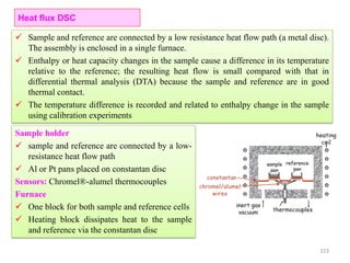 223
Heat flux DSC
 Sample and reference are connected by a low resistance heat flow path (a metal disc).
The assembly is enclosed in a single furnace.
 Enthalpy or heat capacity changes in the sample cause a difference in its temperature
relative to the reference; the resulting heat flow is small compared with that in
differential thermal analysis (DTA) because the sample and reference are in good
thermal contact.
 The temperature difference is recorded and related to enthalpy change in the sample
using calibration experiments
Sample holder
 sample and reference are connected by a low-
resistance heat flow path
 Al or Pt pans placed on constantan disc
Sensors: Chromel®-alumel thermocouples
Furnace
 One block for both sample and reference cells
 Heating block dissipates heat to the sample
and reference via the constantan disc
 