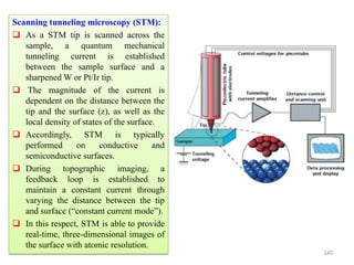 240
Scanning tunneling microscopy (STM):
 As a STM tip is scanned across the
sample, a quantum mechanical
tunneling current is established
between the sample surface and a
sharpened W or Pt/Ir tip.
 The magnitude of the current is
dependent on the distance between the
tip and the surface (z), as well as the
local density of states of the surface.
 Accordingly, STM is typically
performed on conductive and
semiconductive surfaces.
 During topographic imaging, a
feedback loop is established to
maintain a constant current through
varying the distance between the tip
and surface (“constant current mode”).
 In this respect, STM is able to provide
real-time, three-dimensional images of
the surface with atomic resolution.
 