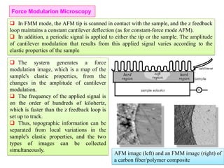  In FMM mode, the AFM tip is scanned in contact with the sample, and the z feedback
loop maintains a constant cantilever deflection (as for constant-force mode AFM).
 In addition, a periodic signal is applied to either the tip or the sample. The amplitude
of cantilever modulation that results from this applied signal varies according to the
elastic properties of the sample
Force Modularion Microscopy
 The system generates a force
modulation image, which is a map of the
sample's elastic properties, from the
changes in the amplitude of cantilever
modulation.
 The frequency of the applied signal is
on the order of hundreds of kilohertz,
which is faster than the z feedback loop is
set up to track.
 Thus, topographic information can be
separated from local variations in the
sample's elastic properties, and the two
types of images can be collected
simultaneously.
AFM image (left) and an FMM image (right) of
a carbon fiber/polymer composite
 