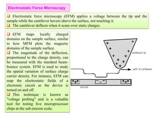  EFM maps locally charged
domains on the sample surface, similar
to how MFM plots the magnetic
domains of the sample surface.
 The magnitude of the deflection,
proportional to the charge density, can
be measured with the standard beam-
bounce system. EFM is used to study
the spatial variation of surface charge
carrier density. For instance, EFM can
map the electrostatic fields of a
electronic circuit as the device is
turned on and off.
 This technique is known as
"voltage probing" and is a valuable
tool for testing live microprocessor
chips at the sub-micron scale.
 Electrostatic force microscopy (EFM) applies a voltage between the tip and the
sample while the cantilever hovers above the surface, not touching it.
 The cantilever deflects when it scans over static charges.
Electrostatic Force Microscopy
 