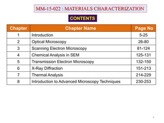 MM-15-022 : MATERIALS CHARACTERIZATION
CONTENTS
Chapter Chapter Name Page No
1 Introduction 5-25
2 Optical Microscopy 26-80
3 Scanning Electron Microscopy 81-124
4 Chemical Analysis in SEM 125-131
5 Transmission Electron Microscopy 132-150
6 X-Ray Diffraction 151-213
7 Thermal Analysis 214-229
8 Introduction to Advanced Microscopy Techniques 230-253
3
 