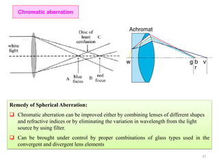 37
Chromatic aberration
Remedy of Spherical Aberration:
 Chromatic aberration can be improved either by combining lenses of different shapes
and refractive indices or by eliminating the variation in wavelength from the light
source by using filter.
 Can be brought under control by proper combinations of glass types used in the
convergent and divergent lens elements
 