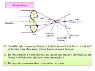 Astigmatism
 Caused by light rays passing through vertical diameters of a lens that are not focused
on the same image plane as rays passing through horizontal diameters
 The lens aberration in which horizontal and vertical lines parallel to the optical axis are
focused at different points (distances) along the optical axis
 The image is clearest somewhere between these two points
38
 