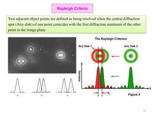 Two adjacent object points are defined as being resolved when the central diffraction
spot (Airy disk) of one point coincides with the first diffraction minimum of the other
point in the image plane
Rayleigh Criteria
56
 