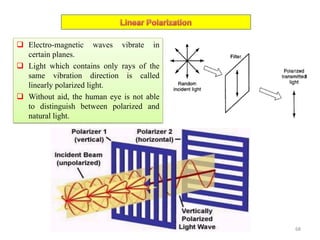  Electro-magnetic waves vibrate in
certain planes.
 Light which contains only rays of the
same vibration direction is called
linearly polarized light.
 Without aid, the human eye is not able
to distinguish between polarized and
natural light.
68
 