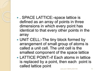  . SPACE LATTICE:-space lattice is 
defined as an array of points in three 
dimensions in which every point has 
identical to that every other points in the 
array 
 UNIT CELL:-The tiny block formed by 
arrangement of small group of atoms is 
called a unit cell. The unit cell is the 
smallest component of the space lattice 
 LATTICE POINT:-if Each atoms in lattice 
is replaced by a point, then each point is 
called lattice point 
asst.prof. ABHILASH KK 15 
 