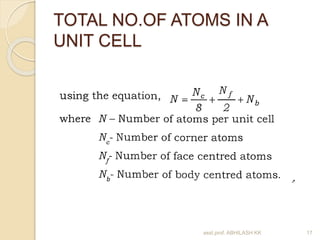 TOTAL NO.OF ATOMS IN A 
UNIT CELL 
asst.prof. ABHILASH KK 17 
 