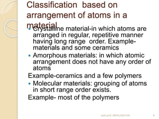 Classification based on 
arrangement of atoms in a 
material  Crystalline material-in which atoms are 
arranged in regular, repetitive manner 
having long range order. Example-materials 
and some ceramics 
 Amorphous materials: in which atomic 
arrangement does not have any order of 
atoms 
Example-ceramics and a few polymers 
 Molecular materials: grouping of atoms 
in short range order exists. 
Example- most of the polymers 
asst.prof. ABHILASH KK 8 
 