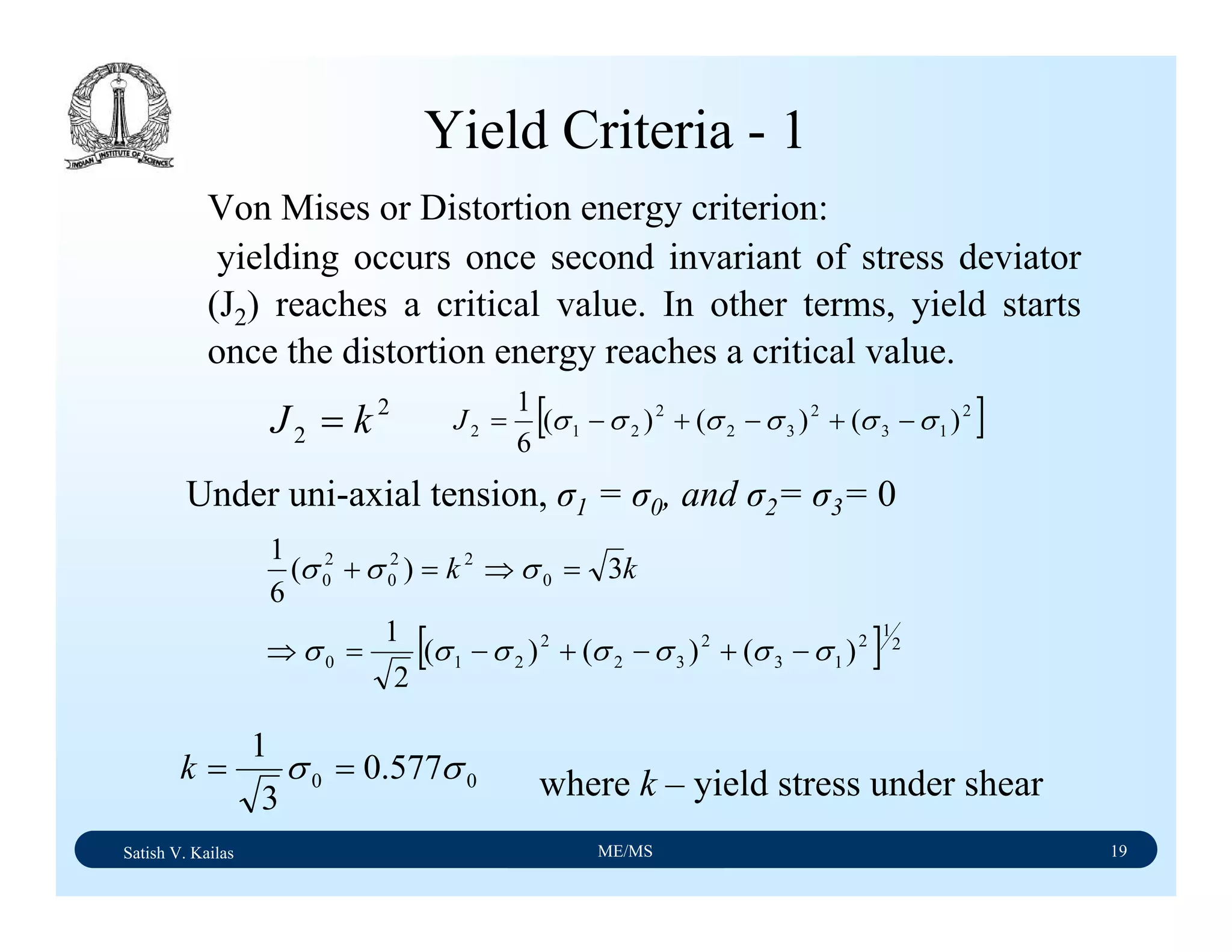 Satish V. Kailas ME/MS 19
Yield Criteria - 1
Von Mises or Distortion energy criterion:
yielding occurs once second invariant of stress deviator
(J2) reaches a critical value. In other terms, yield starts
once the distortion energy reaches a critical value.
2
2 kJ = [ ]2
13
2
32
2
212 )()()(
6
1
σσσσσσ −+−+−=J
Under uni-axial tension, σ1 = σ0, and σ2= σ3= 0
[ ] 2
1
2
13
2
32
2
210
0
22
0
2
0
)()()(
2
1
3)(
6
1
σσσσσσσ
σσσ
−+−+−=⇒
=⇒=+ kk
00 577.0
3
1
σσ ==k where k – yield stress under shear
 