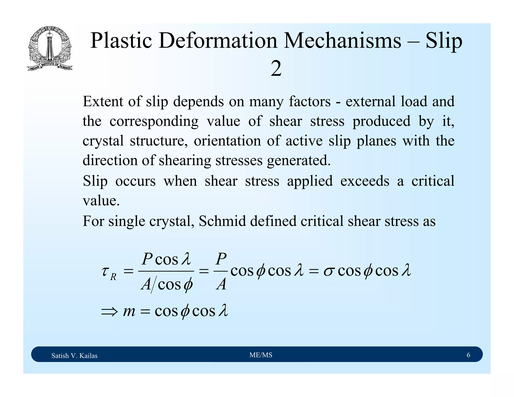 Satish V. Kailas ME/MS 6
Plastic Deformation Mechanisms – Slip
2
Extent of slip depends on many factors - external load and
the corresponding value of shear stress produced by it,
crystal structure, orientation of active slip planes with the
direction of shearing stresses generated.
Slip occurs when shear stress applied exceeds a critical
value.
For single crystal, Schmid defined critical shear stress as
λφ
λφσλφ
φ
λ
τ
coscos
coscoscoscos
cos
cos
=⇒
===
m
A
P
A
P
R
 