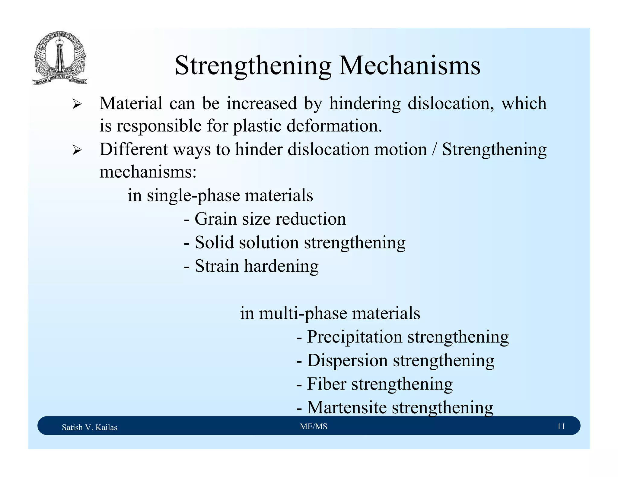 Satish V. Kailas ME/MS 11
Strengthening Mechanisms
Material can be increased by hindering dislocation, which
is responsible for plastic deformation.
Different ways to hinder dislocation motion / Strengthening
mechanisms:
in single-phase materials
- Grain size reduction
- Solid solution strengthening
- Strain hardening
in multi-phase materials
- Precipitation strengthening
- Dispersion strengthening
- Fiber strengthening
- Martensite strengthening
 