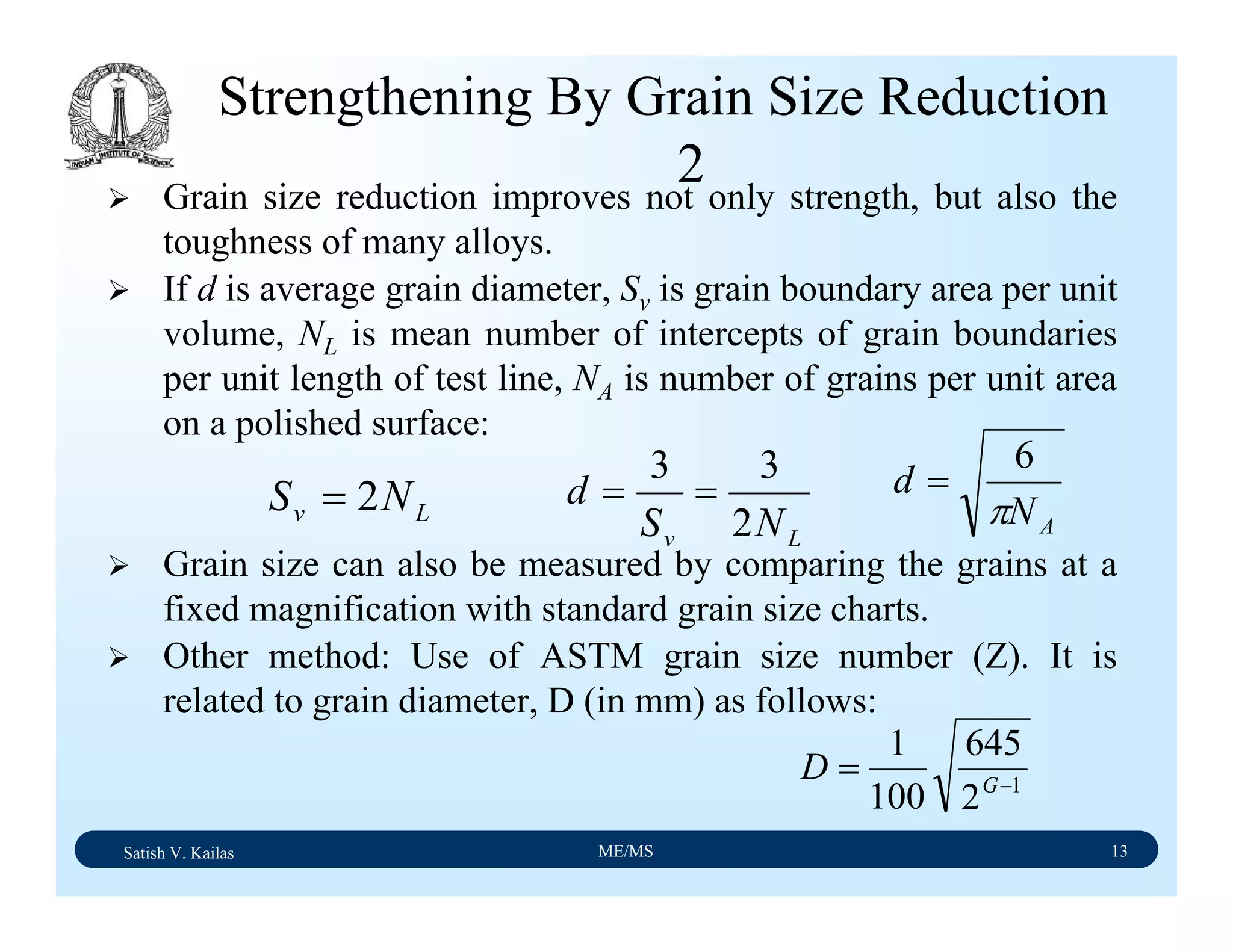 Satish V. Kailas ME/MS 13
Strengthening By Grain Size Reduction
2Grain size reduction improves not only strength, but also the
toughness of many alloys.
If d is average grain diameter, Sv is grain boundary area per unit
volume, NL is mean number of intercepts of grain boundaries
per unit length of test line, NA is number of grains per unit area
on a polished surface:
Grain size can also be measured by comparing the grains at a
fixed magnification with standard grain size charts.
Other method: Use of ASTM grain size number (Z). It is
related to grain diameter, D (in mm) as follows:
Lv NS 2=
Lv NS
d
2
33
==
AN
d
π
6
=
1
2
645
100
1
−
= G
D
 