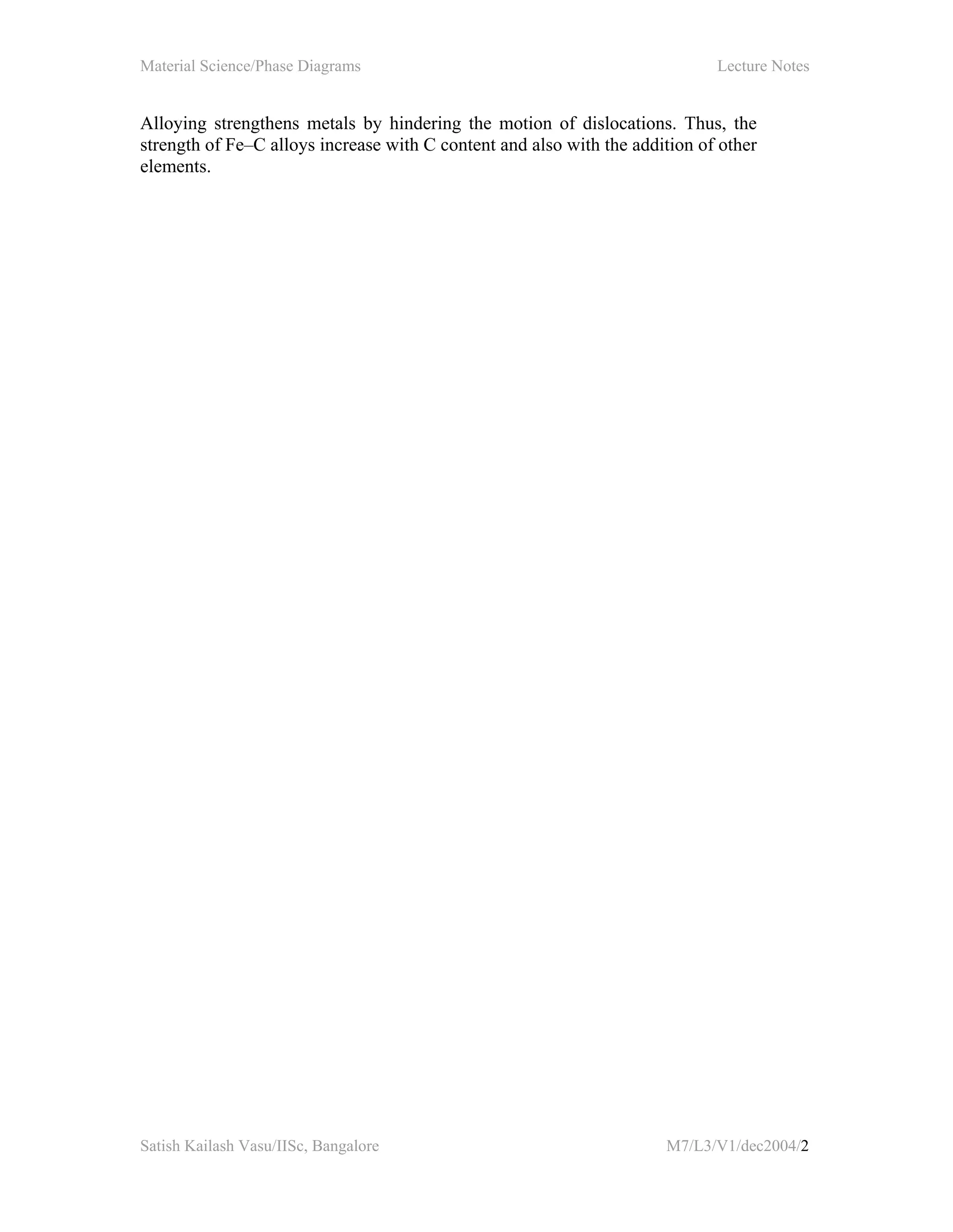 Material Science/Phase Diagrams Lecture Notes
Satish Kailash Vasu/IISc, Bangalore M7/L3/V1/dec2004/2
Alloying strengthens metals by hindering the motion of dislocations. Thus, the
strength of Fe–C alloys increase with C content and also with the addition of other
elements.
 