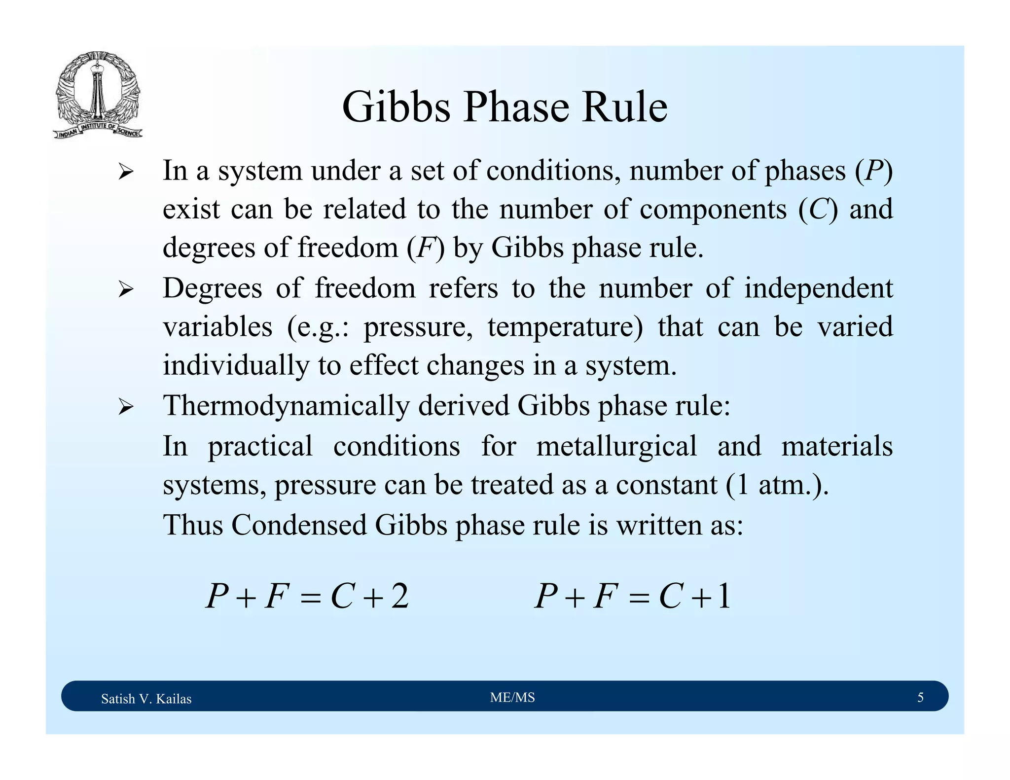 Satish V. Kailas ME/MS 5
Gibbs Phase Rule
In a system under a set of conditions, number of phases (P)
exist can be related to the number of components (C) and
degrees of freedom (F) by Gibbs phase rule.
Degrees of freedom refers to the number of independent
variables (e.g.: pressure, temperature) that can be varied
individually to effect changes in a system.
Thermodynamically derived Gibbs phase rule:
In practical conditions for metallurgical and materials
systems, pressure can be treated as a constant (1 atm.).
Thus Condensed Gibbs phase rule is written as:
2+=+ CFP 1+=+ CFP
 
