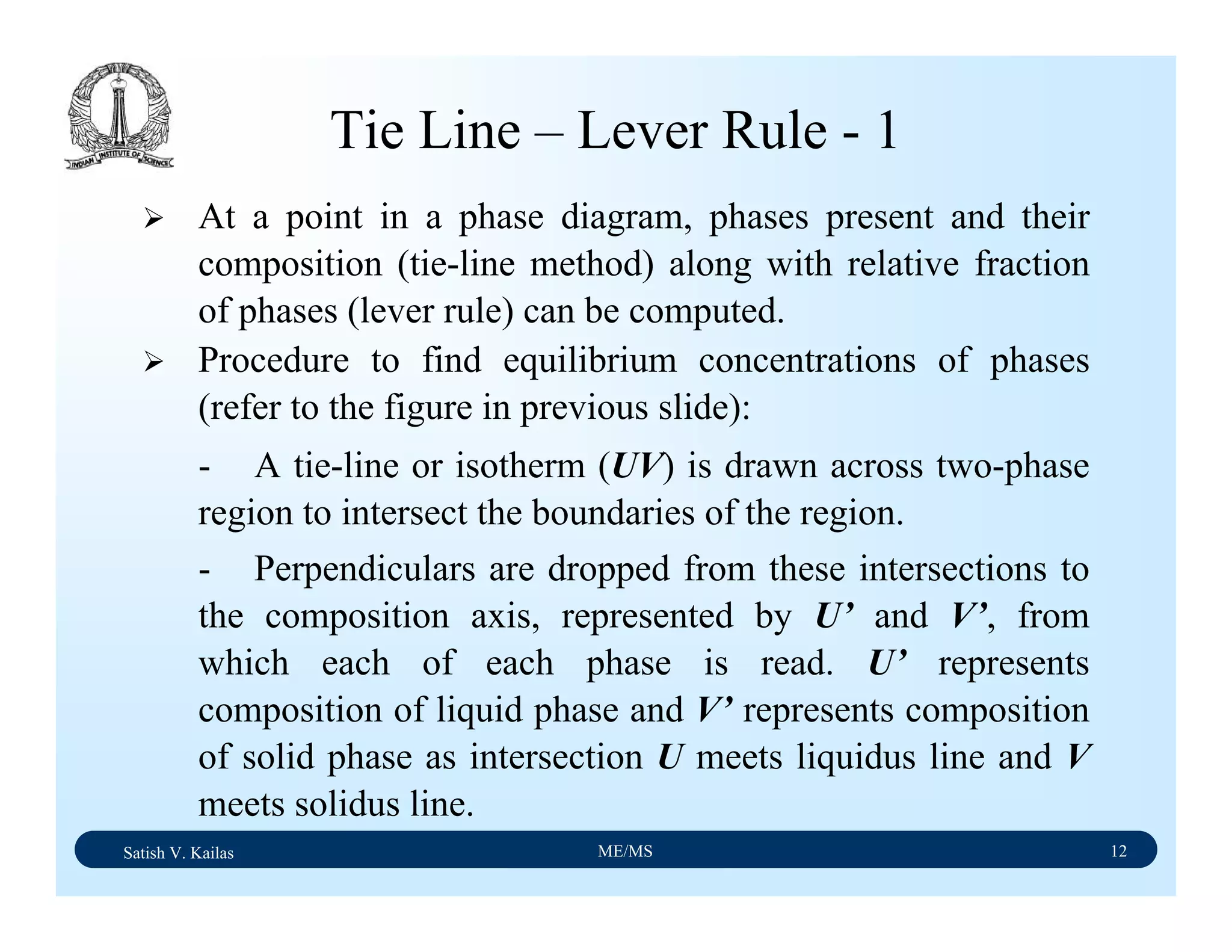 Satish V. Kailas ME/MS 12
Tie Line – Lever Rule - 1
At a point in a phase diagram, phases present and their
composition (tie-line method) along with relative fraction
of phases (lever rule) can be computed.
Procedure to find equilibrium concentrations of phases
(refer to the figure in previous slide):
- A tie-line or isotherm (UV) is drawn across two-phase
region to intersect the boundaries of the region.
- Perpendiculars are dropped from these intersections to
the composition axis, represented by U’ and V’, from
which each of each phase is read. U’ represents
composition of liquid phase and V’ represents composition
of solid phase as intersection U meets liquidus line and V
meets solidus line.
 