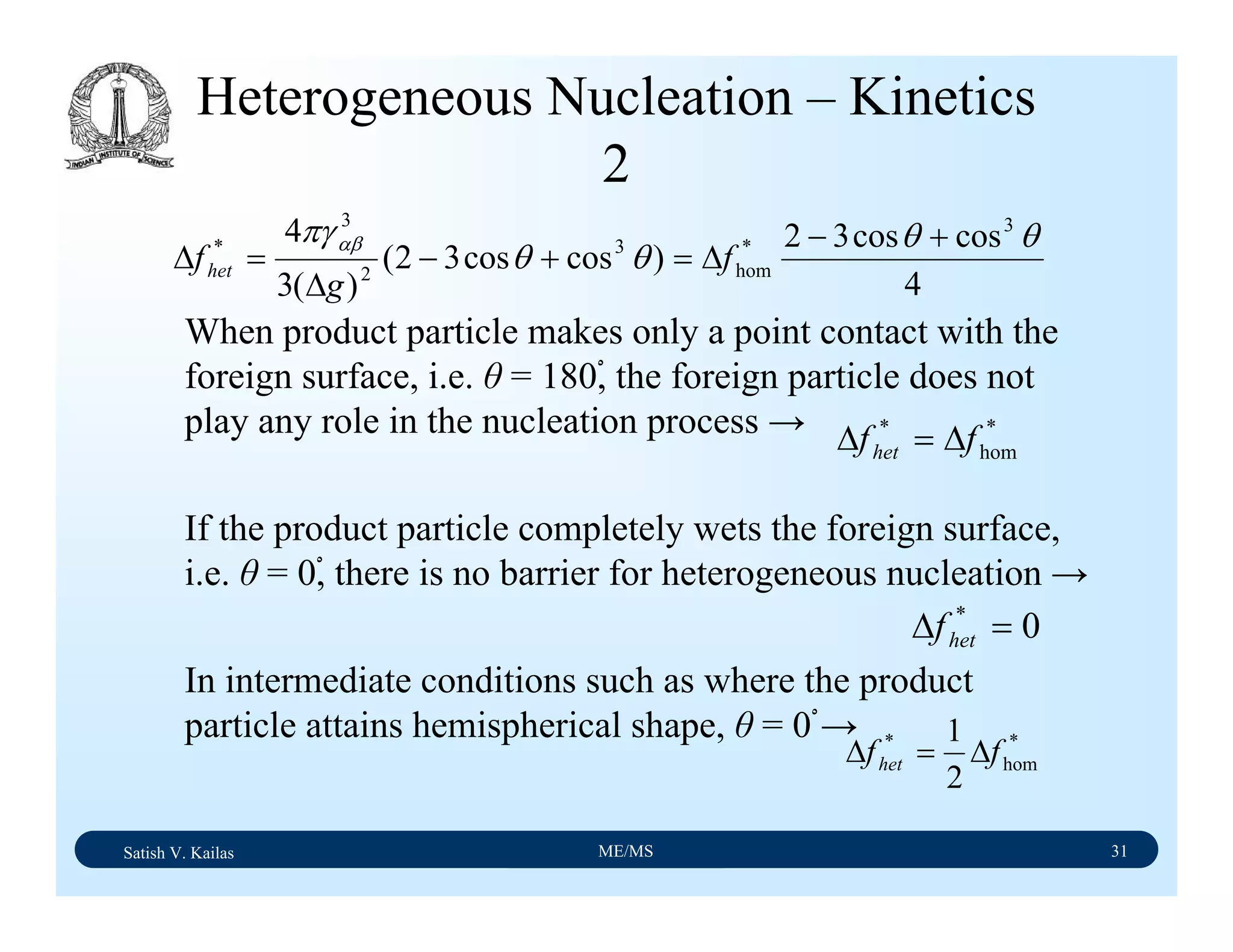 Satish V. Kailas ME/MS 31
Heterogeneous Nucleation – Kinetics
2
When product particle makes only a point contact with the
foreign surface, i.e. θ = 180ْ, the foreign particle does not
play any role in the nucleation process →
If the product particle completely wets the foreign surface,
i.e. θ = 0ْ, there is no barrier for heterogeneous nucleation →
In intermediate conditions such as where the product
particle attains hemispherical shape, θ = 0ْ→
4
coscos32
)coscos32(
)(3
4 3
*
hom
3
2
3
* θθ
θθ
πγαβ +−
∆=+−
∆
=∆ f
g
fhet
*
hom
*
ffhet ∆=∆
0*
=∆ hetf
*
hom
*
2
1
ffhet ∆=∆
 