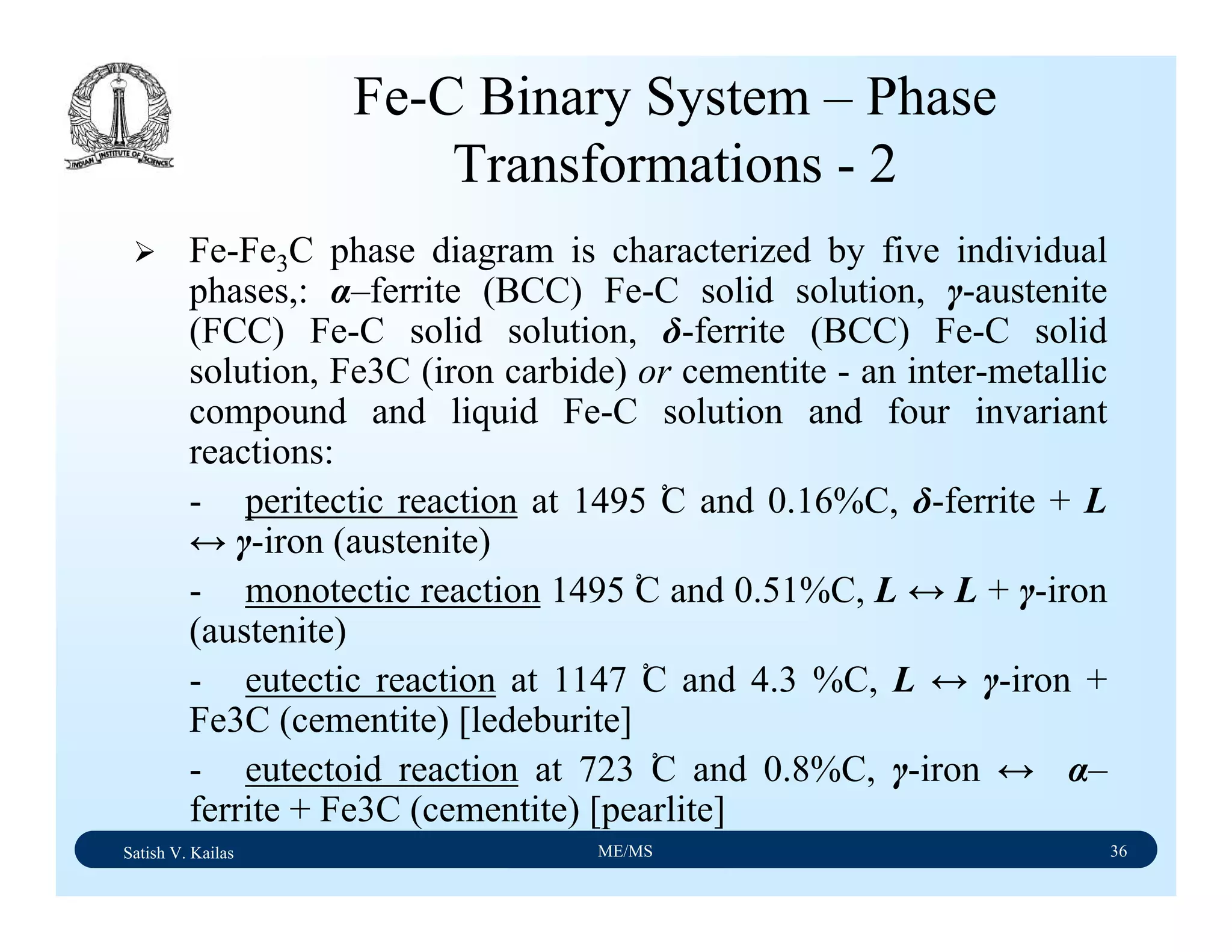Satish V. Kailas ME/MS 36
Fe-C Binary System – Phase
Transformations - 2
Fe-Fe3C phase diagram is characterized by five individual
phases,: α–ferrite (BCC) Fe-C solid solution, γ-austenite
(FCC) Fe-C solid solution, δ-ferrite (BCC) Fe-C solid
solution, Fe3C (iron carbide) or cementite - an inter-metallic
compound and liquid Fe-C solution and four invariant
reactions:
- peritectic reaction at 1495 ْC and 0.16%C, δ-ferrite + L
↔ γ-iron (austenite)
- monotectic reaction 1495 ْC and 0.51%C, L ↔ L + γ-iron
(austenite)
- eutectic reaction at 1147 ْC and 4.3 %C, L ↔ γ-iron +
Fe3C (cementite) [ledeburite]
- eutectoid reaction at 723 ْC and 0.8%C, γ-iron ↔ α–
ferrite + Fe3C (cementite) [pearlite]
 