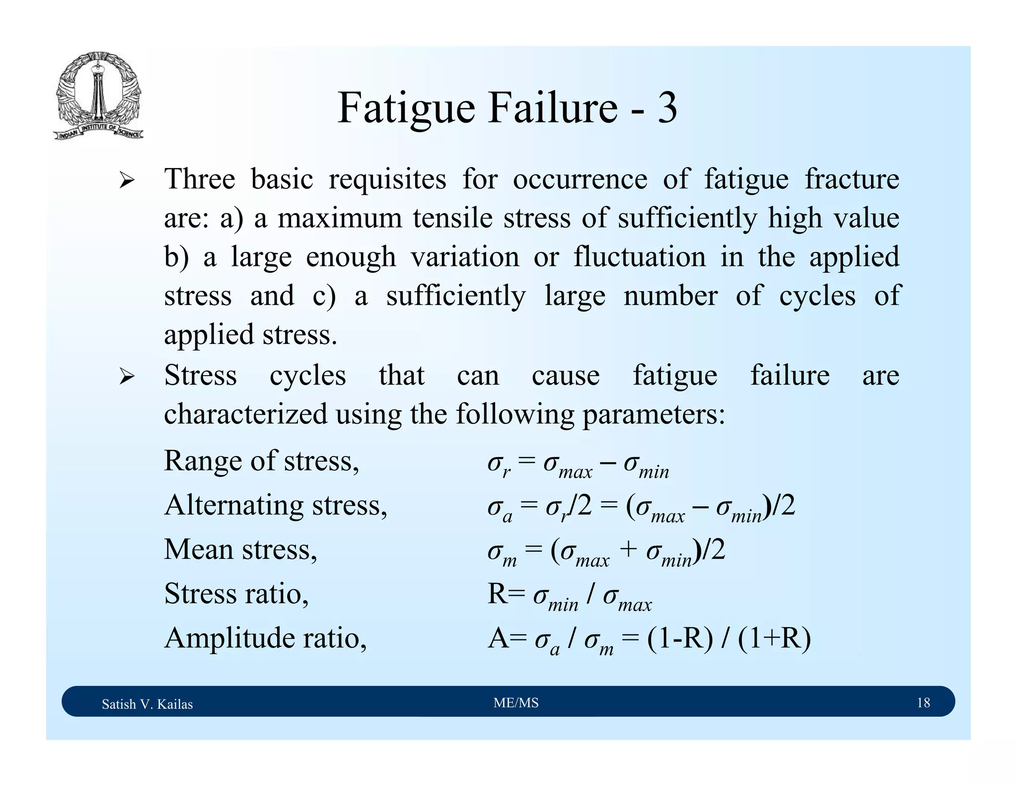 Satish V. Kailas ME/MS 18
Fatigue Failure - 3
Three basic requisites for occurrence of fatigue fracture
are: a) a maximum tensile stress of sufficiently high value
b) a large enough variation or fluctuation in the applied
stress and c) a sufficiently large number of cycles of
applied stress.
Stress cycles that can cause fatigue failure are
characterized using the following parameters:
Range of stress, σr = σmax – σmin
Alternating stress, σa = σr/2 = (σmax – σmin)/2
Mean stress, σm = (σmax + σmin)/2
Stress ratio, R= σmin / σmax
Amplitude ratio, A= σa / σm = (1-R) / (1+R)
 